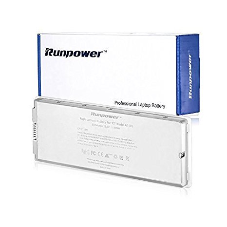 Runpower New Laptop Battery for Apple A1185 A1181 Macbook 13", Aluminum Body as Original - 18 Months Warranty [Li-polymer 6-cell 60Wh/5600mAh] -White