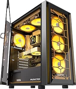 MUSETEX ATX PC Case, 6 PWM ARGB Fans Pre-Installed, Computer Case with Opening Tempered Glass Door, Mid Tower Gaming PC Case, USB 3.0 x 2, Black, G07