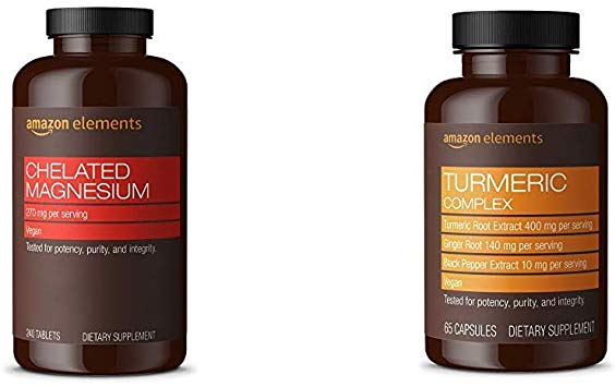 Amazon Elements Chelated Magnesium, 270 mg per Serving (2 Tablets), Vegan, 240 Tablets & Turmeric Complex, 400mg Turmeric Curcumin, 140mg Ginger, 10mg Black Pepper, 65 Capsules (2 Month Supply)