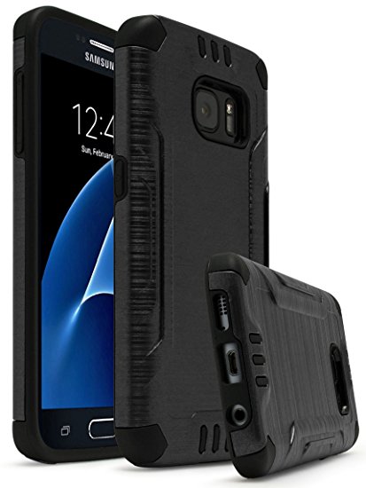 Samsung Galaxy S7 Case, Bastex Hybrid Slim Fit Shockproof Black Rubber Silicone Cover Hard Plastic Black Combat Brushed Metal Design Robust Tough Armor Case for Samsung Galaxy S7 G930