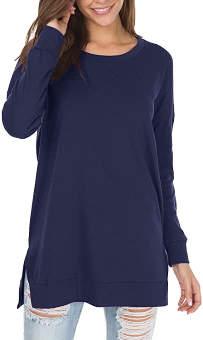 levaca Women's Fall Long Sleeve Side Split Loose Casual Pullover Tunic Tops