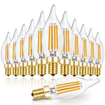 Hizashi LED Candelabra Bulb Flame Tip 40W Equivalent Dimmable E12 Filament Candle Bulbs 4W, 450 Lumens, 2700K Warm White CA10 LED Chandelier Light Bulbs, 90  CRI, UL Listed - 12 Pack