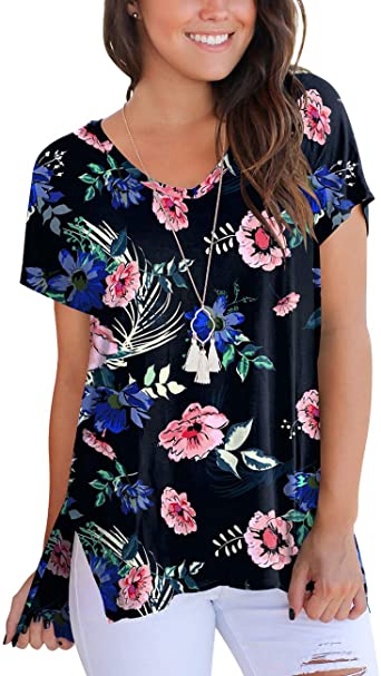 Floral Shirts for Women V Neck Soft Tshirts Short Sleeve Basic Tees Tops Navy Blue L