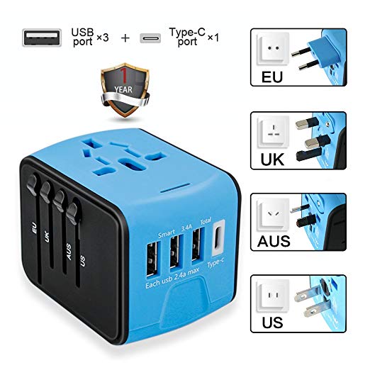 Travel Adapter, Universal International Travel Power Adapter With High Speed 2.4A x 3 USB Port And 3A Type-C Wall Charger, Worldwide ACTravel Adapter Plug for US, EU, UK, AU 150  Countries