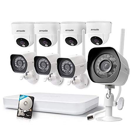 Zmodo 1080p HD NVR WiFi System 4 HD Outdoor and 4 HD Indoor 1.0 Megapixel Wide Angle Wireless Security Camera with 500GB Hard Drive, Intelligent Recording, Smart Motion Detection, Web Access