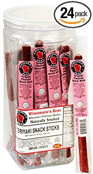 WISCONSIN'S BEST - Meat Snack Sticks - TERIYAKI - Naturally Smoked Beef Snack Sticks - (Jar of 24 Individually Wrapped Sticks) 1 oz Sticks - MSG Free