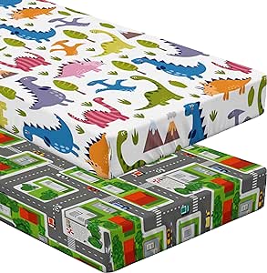 Ambesonne Cartoon Fitted Sheet Set, Colorful Funny Dinosaurs and Panoramic Town Streets City Life Cars Pattern, 2 Pack Comfortable Bedding All-Round Elastic Pocket, Twin Size, Green Orange Grey