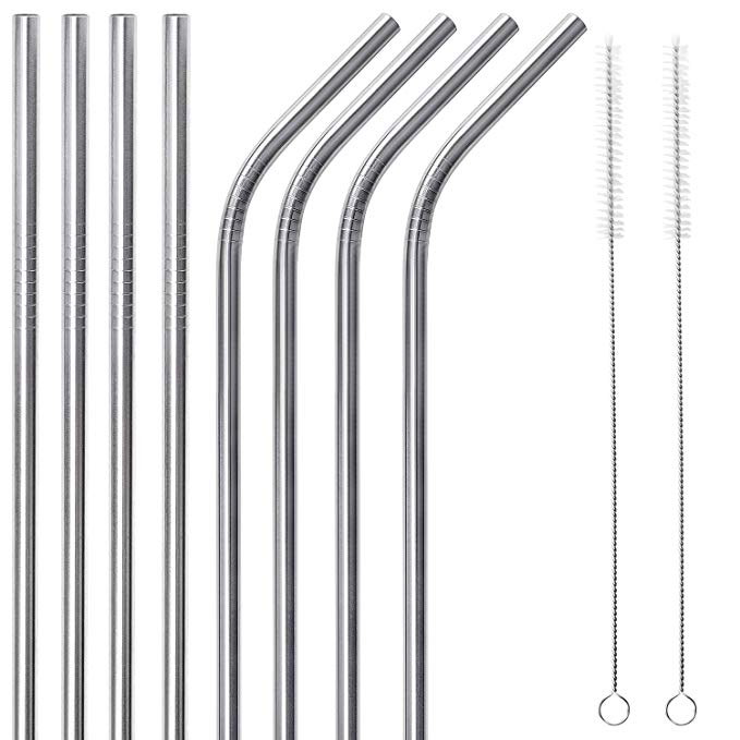 Premium Zulay Extra Long Stainless Steel Straws - FDA Approved Metal Reusable Metal Straws for Kids - 8 Pack 10.5 Inch Drinking Straw Replacement Set   2 Cleaning Brushes