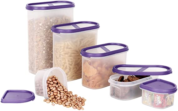 SIMPARTE Pantry Airtight Food Storage Containers |6 Container Set|Microwave & Dishwasher Safe|BPA Free|Cereal and Dry Food Storage Containers| Freezer Safe | Space Saver Modular Design Purple Lids