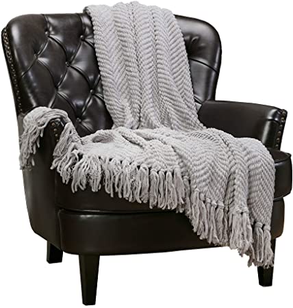 Chanasya Textured Knitted Super Soft Throw Blanket with Tassels Cozy Plush Lightweight Fluffy Woven Blanket for Bed Sofa Couch Cover Living Bed Room Acrylic Gray Throw Blanket (50x65 Inches) Silver