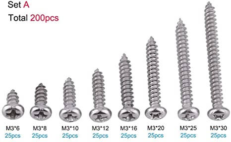 Pack of 200 Pcs SS Grade 304 Stainless Steel M3 Self-Tapping Screws Kits Lock Nut Wood Thread Nail Screw Sets(Pan Head)