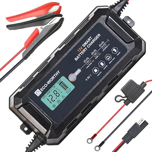 ECO-WORTHY 10Amp 12V Automatic Smart Battery Charger and Maintainer with LCD Display for Lead Acid and Lithium (LiFePO4) Battery