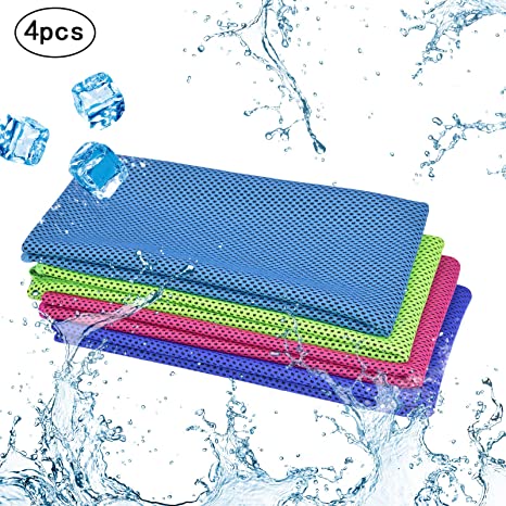 KAKOO Cooling Towel 4 Pack Instant Relief Microfiber Cool Towels Chilling Neck Wrap Ice Cold Rags/Scarf for Sports Gym Fitness Camping Cycling Hiking Workout Golf Travel