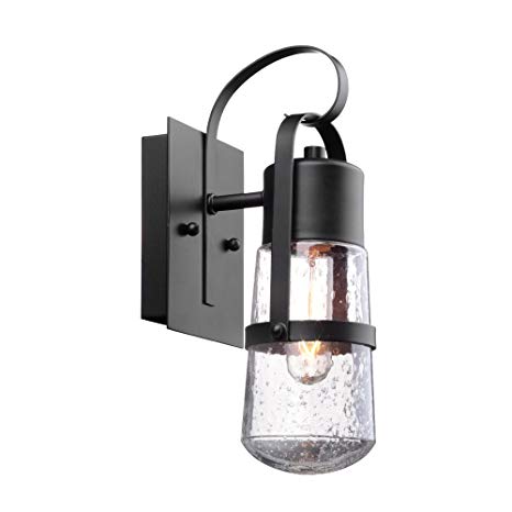 Globe Electric Helm 12" 1-Light Outdoor Wall Sconce, Matte Black Finish, Clear Seeded Glass Shade 44197