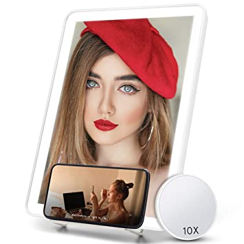 Makeup Vanity Mirror with Light and Phone Holder, Lighted Makeup Mirror with 20 LED Light and 10X Magnifying Mirror, Touch Sensor Dimming, Dual Power Supply, Hanging Wall Mount Light Up Mirror (White)