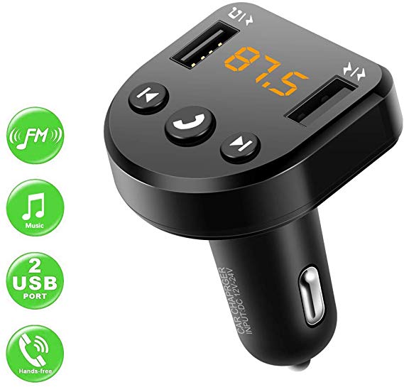 Bluetooth 5.0 Car FM Transmitter,Wodgreat Radio Audio Adapter Car Kit Charger with 2 USB Ports,Hands-Free Calling,Supports USB Flash Drive Music Player