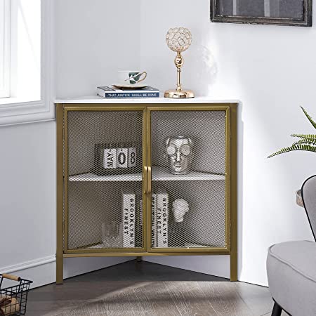 VECELO Corner End Table/Shelf, 3-Tier Display Shelves with Protection Door, Metal Frame Storage Cabinet Organizer for Small Space, Living Room, Kitchen, Bathroom, Gold