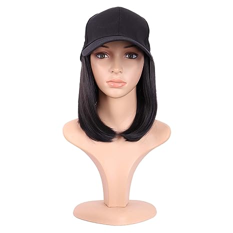 MapofBeauty 12 Inch/30 cm Short Straight Resistant Synthetic Hair Extension Baseball Hat Bob Wig (Black)