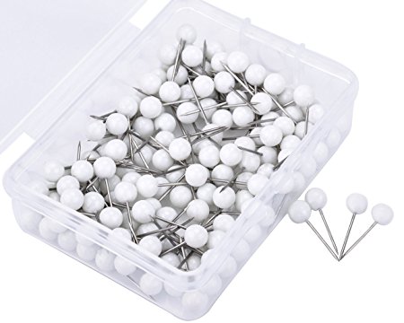 JoyFamily Map Tacks Push Pins, 1/ 5 Inch Round Plastic Head with Stainless Steel Point, 200 pieces (White)