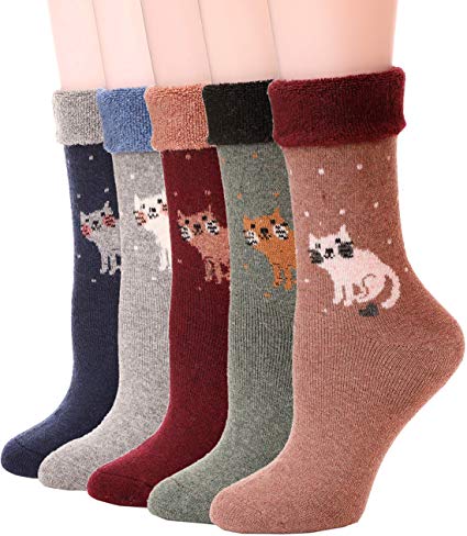 Womens Wool Socks Fuzzy Thick Heavy Thermal Winter Warm Cute Crew Socks For Cold Weather 5 Pack