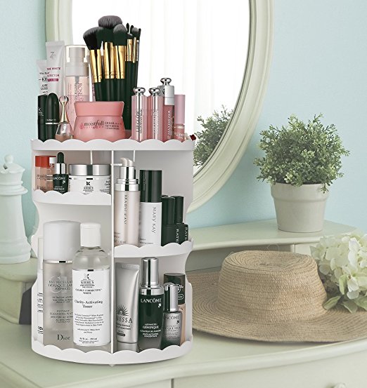 Jerrybox 360-Degree Rotating Makeup Organizer, Adjustable Multi-Function Cosmetic Storage Unit, Compact Size with Large Capacity, Fits Different Types of Cosmetics and Accessories, White