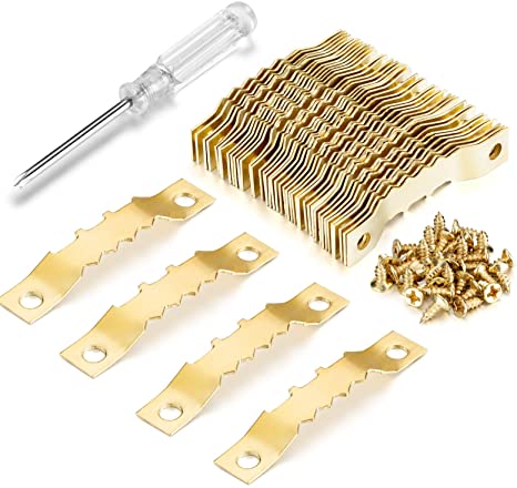 YHYZ Sawtooth Picture Frame Hangers Set with Screws (Gold), Premium 40pcs Sawtooth Photo Frames Holder   80pcs Premium Screw   Screwdriver, for Painting Photos Artwork Clock Home Decoration