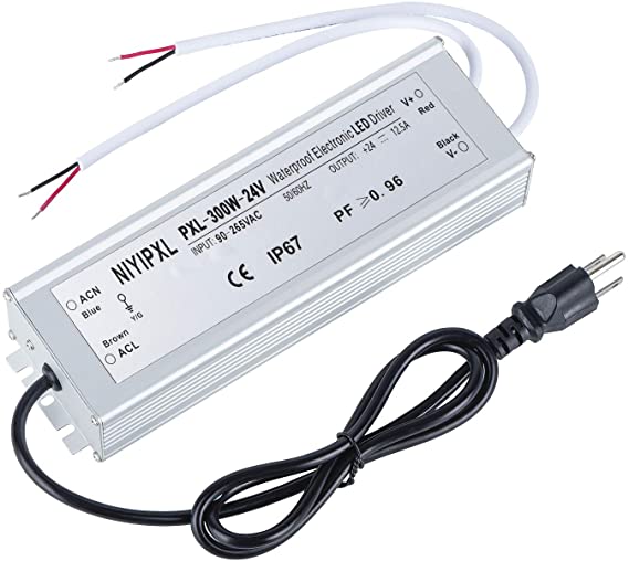 LED Driver 300 Watts(150W X2) 24V DC Transformer， Waterproof IP67 Power Supply, 24V DC Low Voltage Output Adapter with 3-Prong Plug 3.3 Feet Cable for LED Light, Computer Project, Outdoor Light