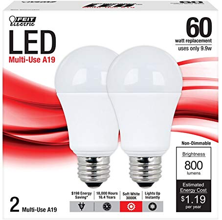 Feit A800/830/LED/2 A19 General Purpose 60-watt LED Light, Soft White, 2-Pack