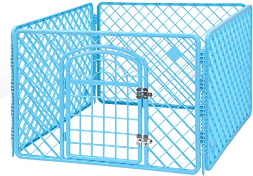 LIVINGbasics 4-Panel Indoor/Outdoor Pet Playpen Pet Fence with Lockable Door, Ideal for Play, Exercise or Training, 24" Height (Blue)