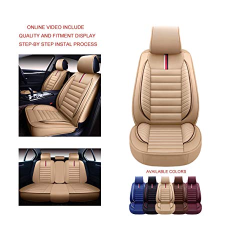 OASIS AUTO OS-001 Leather Universal Car Seat Covers Automotive Vehicle Cushion for Sedan, SUV and Small Pick-Up Truck Compatible with Toyota-Nissan-Honda-Jeep-Subaru (TAN, Full Set)