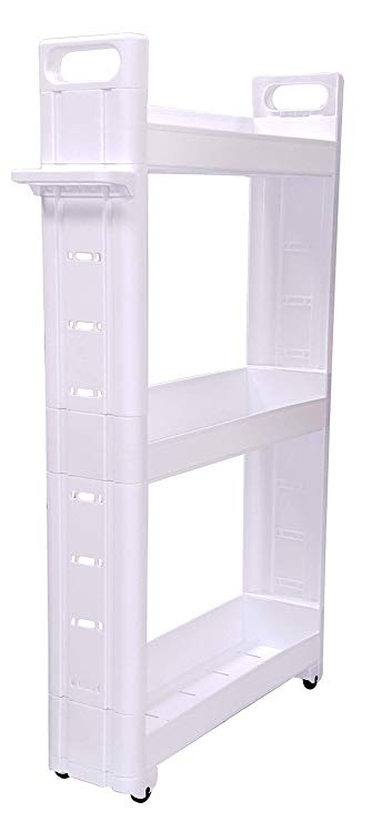 Adorn Home Essentials 3-Tier Narrow, Storage cart Pull-Out, Slide – Out Mobile Commodity Shelf, Rack Organizer Unit on Wheels | Plastic | White