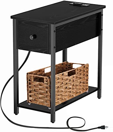 Rolanstar End Table with Charging Station & USB Ports, Narrow Side Table with Drawer and Rattan Basket for Living Room, Nightstand Sofa Table for Bedroom Black