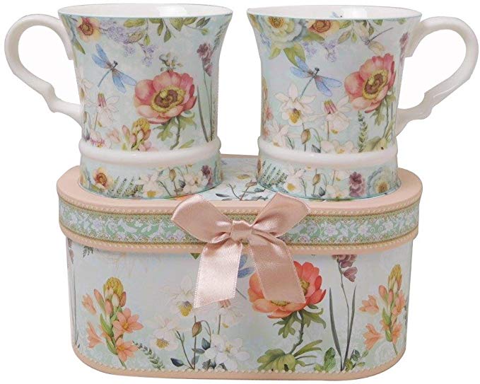 Lightahead Elegent Bone China Unique Set Of Two Coffee Tea Mugs 10 oz each cup set in attractive gift box elegant floral design