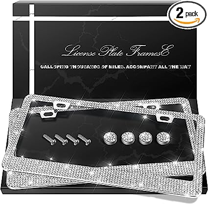 QUANQIUFEI 2 Pack Bling License Plate Frames, Sparkly Rhinestone Diamond Car License Plate Cover for Women, Stainless Steel Car Accessories with Glitter Crystal Caps (White)