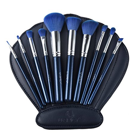 Makeup Brushes, USpicy 10 Pieces Professional Makeup Brush Set with Seashell Shaped PU Leather Case (Soft Synthetic Fiber for Uniform Application of Blush, Creams, Liquids, Contouring & Powders)-Blue