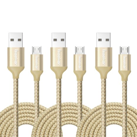 Micro USB Charger6ft 3 Pack iSeeker High Charging Speed USB 20 A Male to Micro Nylon Braided Cords with Aluminum Connectors for AndriodSamsung and moreGolden