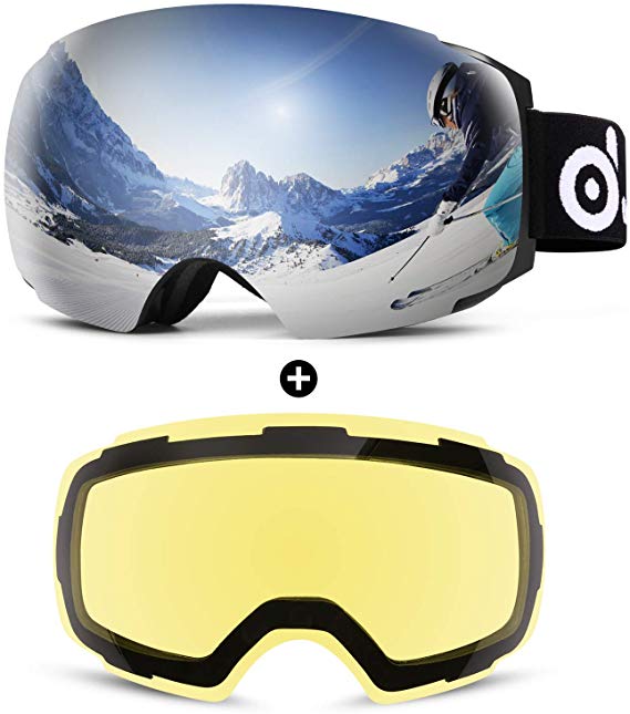 Odoland Magnetic Interchangeable Ski Goggles with 2 Lens, Large Spherical Frameless Snow Goggles for Men & Women, OTG and UV400 Protection