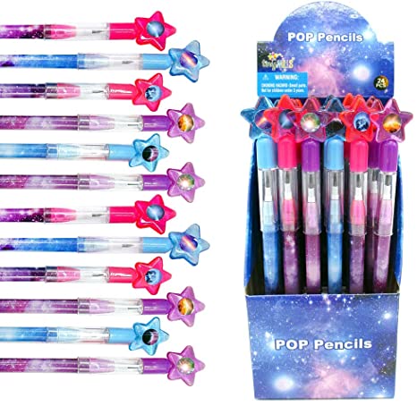 Tiny Mills 24 Pcs Galaxy Outer Space Multi Point Stackable Push Pencil Assortment with Eraser for Outer Space Galaxy Birthday Party Favor Prize Carnival Goodie Bag Stuffers Classroom Rewards