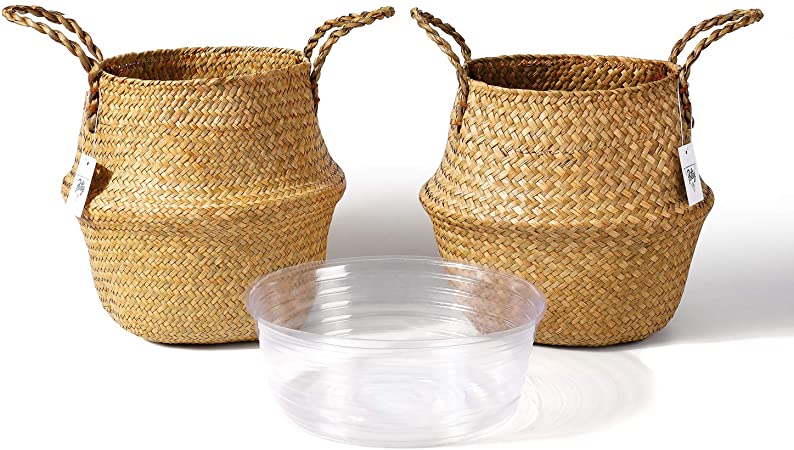 POTEY 720302 Seagrass Plant Basket - Hand Woven Belly Basket with Handles, Large Storage Laundry, Picnic, Plant Pot Cover, Home Decor and Woven Straw Beach Bag (Set of 2 Large, Original)