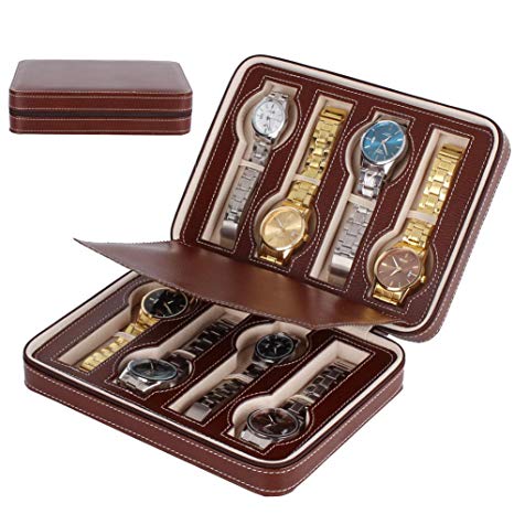 Portable Watch Organizer Box-Nasion.V 8 Slots Travel Watch Storage Case Leatherette Zippered Watch Holder Collector Case Jewelry Storage Organizer Box - Brown