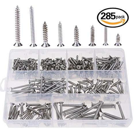 Hilitchi 285-Piece Stainless Steel Phillips Flat Head Self Tapping Screw Assortment Kit (Flat Head)
