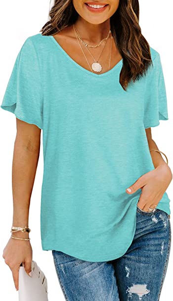 Womens Tshirts Short Sleeve V Neck Loose Fit Summer Casual Tops