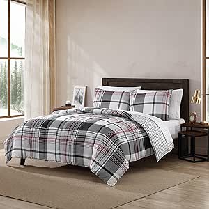 Eddie Bauer- King Comforter Set, Reversible Microsuede Bedding with Matching Sham(s), Casual Home Decor (Normandy Plaid Black, King)