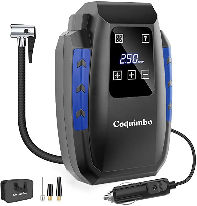 Coquimbo Digital Tyre Inflator, 12V 150PSI Air Compressor Upgraded Touch Screen Car Tyre Pump with 35L/Min Air Flow, 3 Nozzle Adaptors, Bright LED Light and Large HD LED Display with Storage Bag