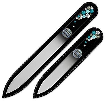 Mont Bleu Best Set of 2 Glass Nail Files Hand Decorated with Swarovski Elements - Genuine Czech Tempered Glass - Premium Quality Professional Set Nail Files for Natural Nails