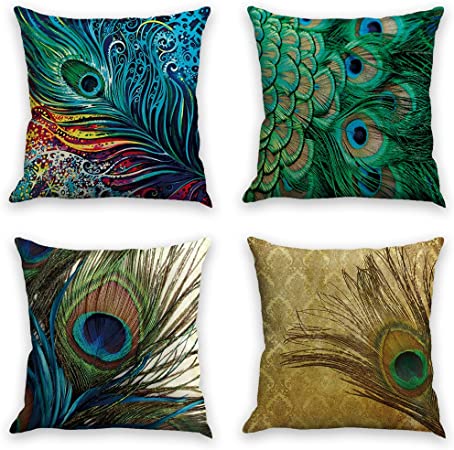 laime Throw Pillow Covers Natural Pattern Decorative Pillowcases 18x18inch (4 Pieces Set) Pillow Cases Home Car Decorative Peacock Feather