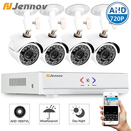 Jennov 4CH 1080N AHD DVR Security Camera System Home Surveillance With 720P Outdoor Wide Angle Night Vision Bullet Camera