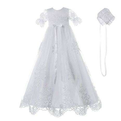 NIMBLE Baby Girls Baptism Delicate Embroideried Gown With Bonnet For 0-15 Months