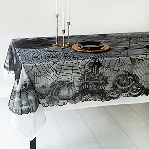 Benson Mills Halloween Fabric Tablecloth, Halloween Table Cloth for Dinners and Parties (Spooky Spirits Web Lace, 60" x 84" Rectangular)