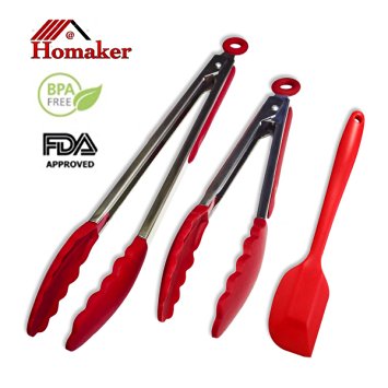 Homaker Silicone Kitchen Tongs Set 12" Grill BBQ Tongs & 9" Salad Tongs Extra Grip Stainless Steel Food Tongs Free Spatula Red